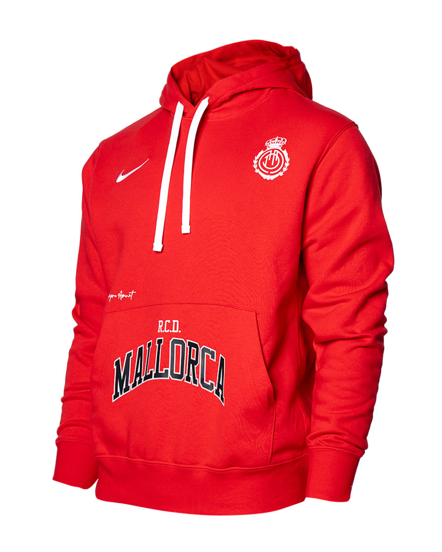 Dessuadora infantil amb caputxa RCD Mallorca Fanswear 2023-2024 de color vermell University i blanc
