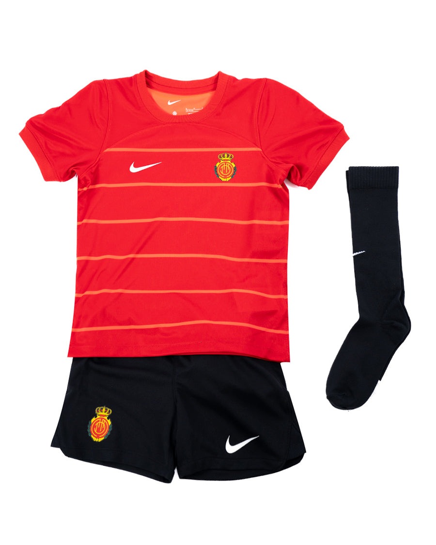 Kit júnior primer equipament de joc RCD Mallorca Home Kit 2023-2024 vermell University, negre i blanc